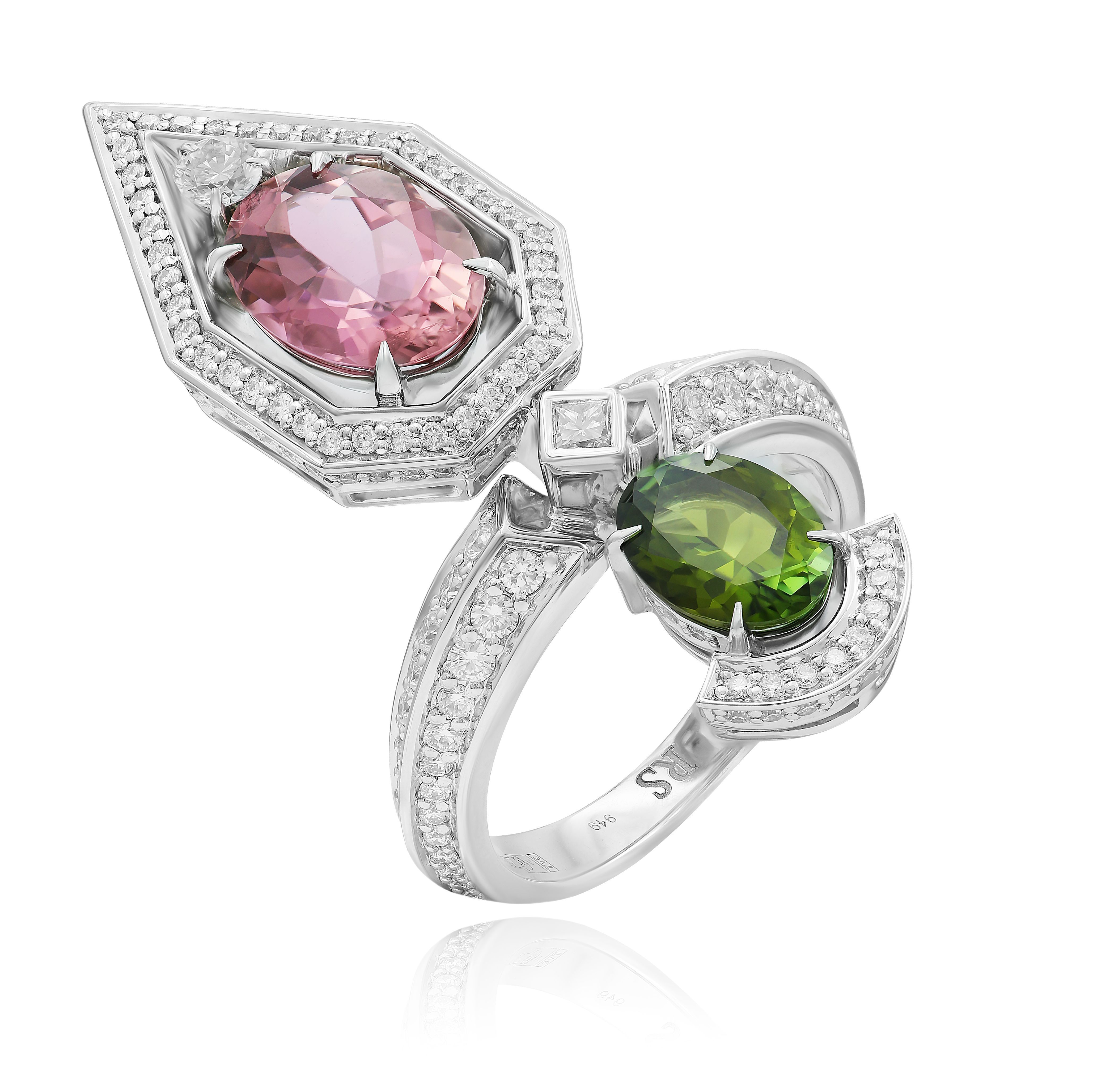 Кольцо из белого золота с турмалинами 3.275 ct и бриллиантами