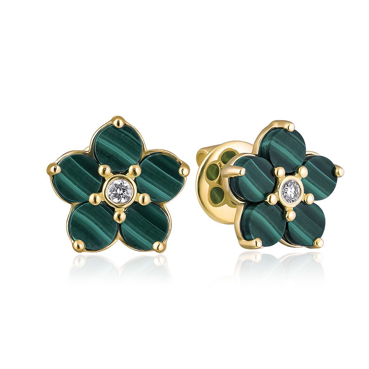 Пусеты из желтого золота с малахитом и бриллиантами