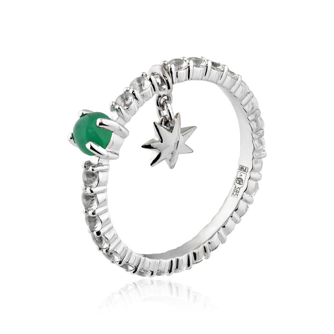 Кольцо из белого золота с топазами, бриллиантом и хризопразом