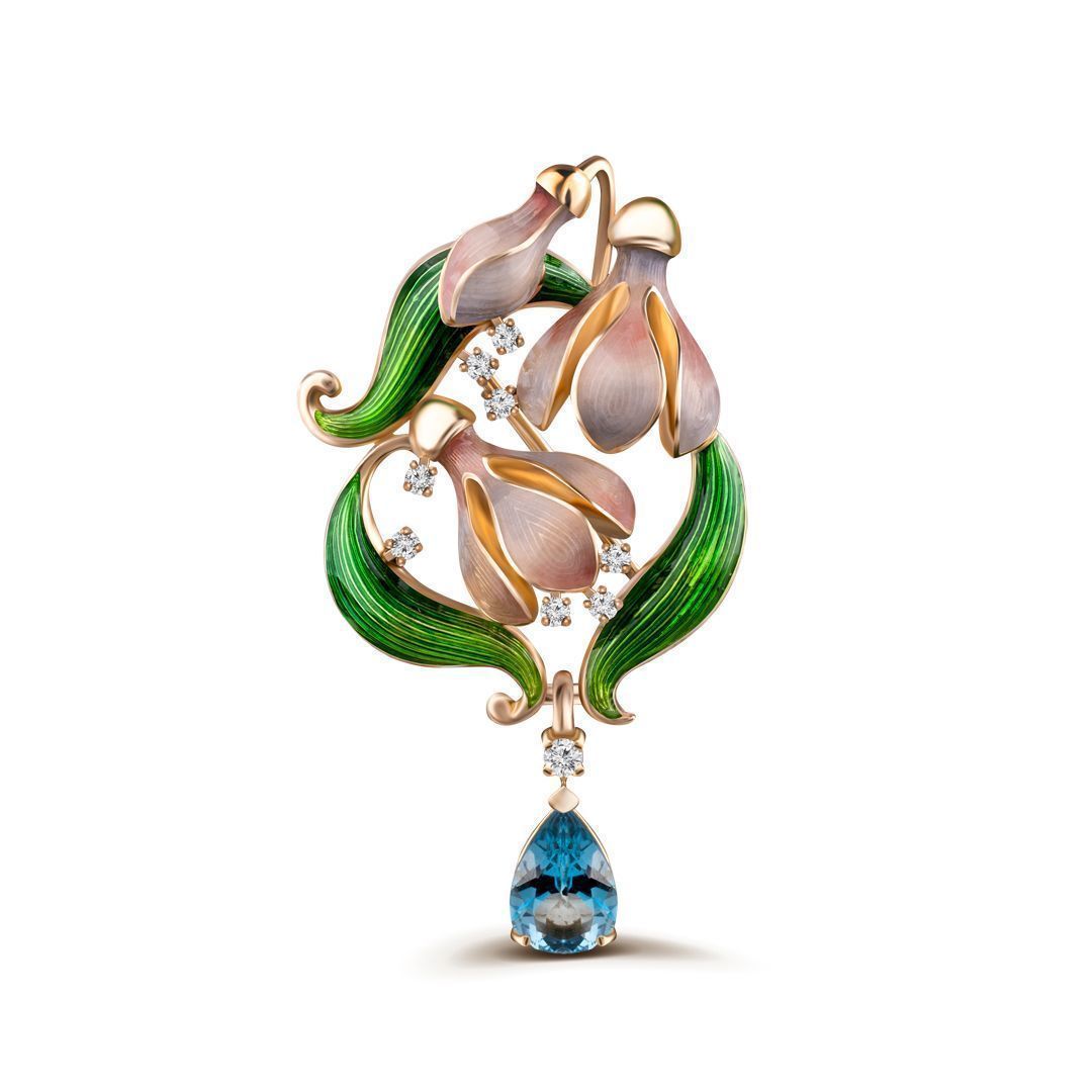 Брошь из желтого золота с топазом и бриллиантами