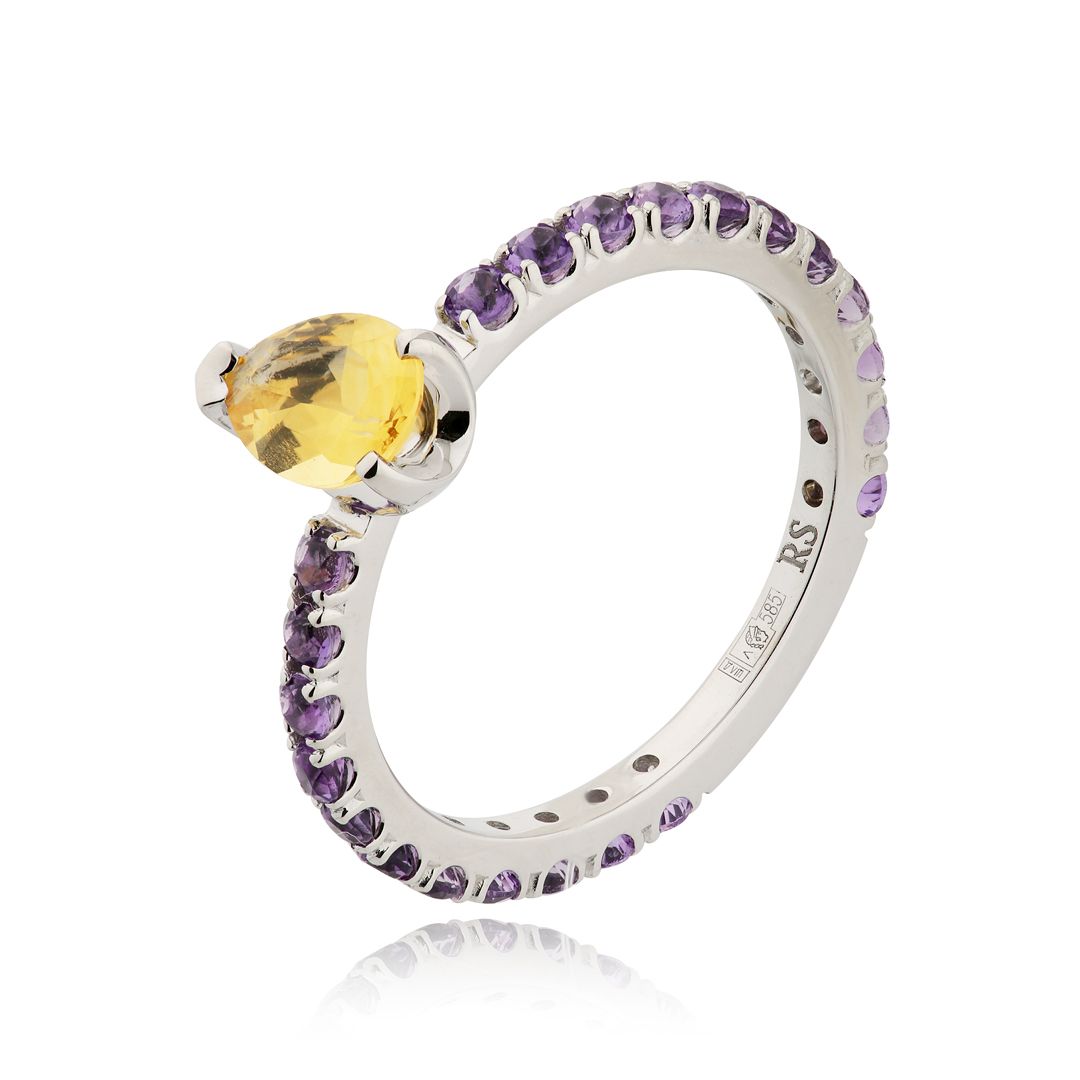 Кольцо из белого золота с цитрином и аметистами