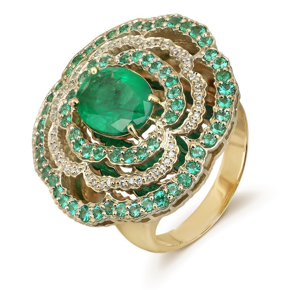 Кольцо «Медной горы хозяйка» из желтого золота с изумрудом 2.1 ct и бриллиантами