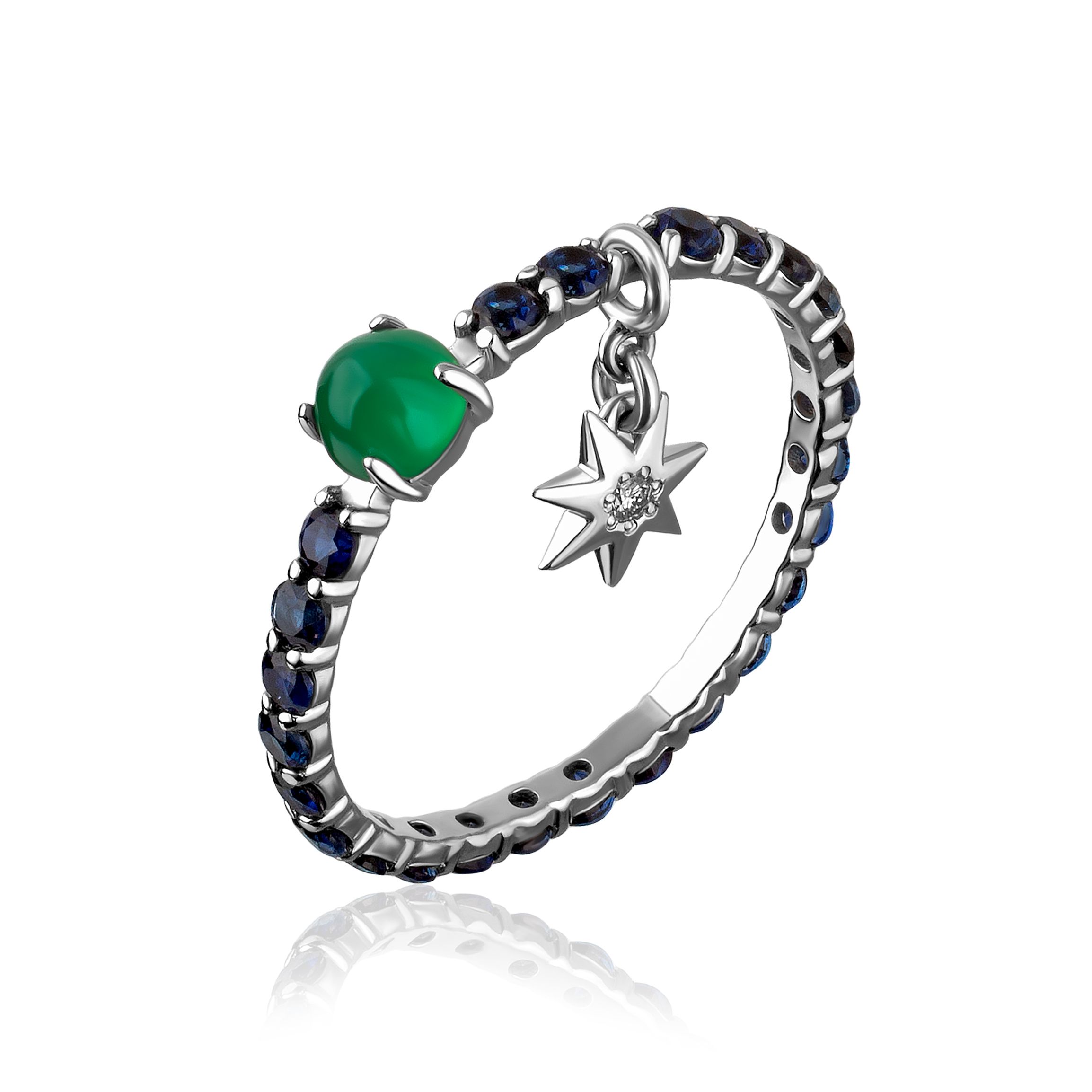 Кольцо из белого золота с сапфирами, бриллиантом и хризопразом