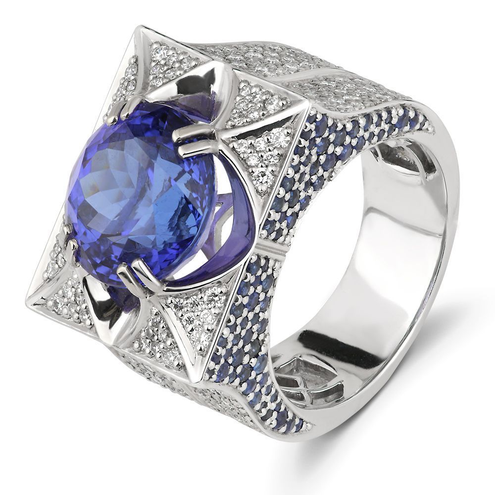 Кольцо из белого золота с сапфирами, бриллиантами и танзанитом 9.65 ct
