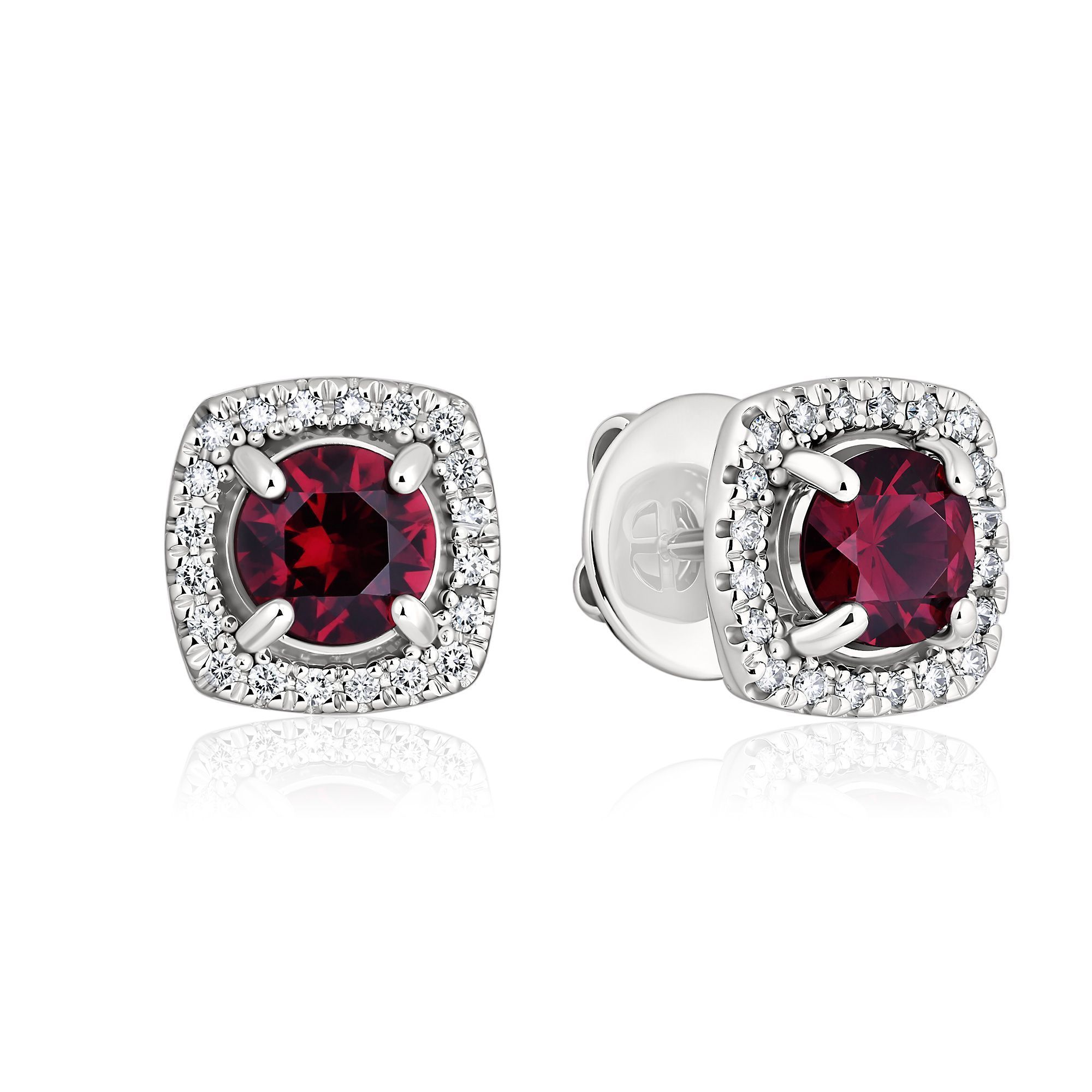 Пусеты из белого золота с бриллиантами и родолитами 1.3 ct