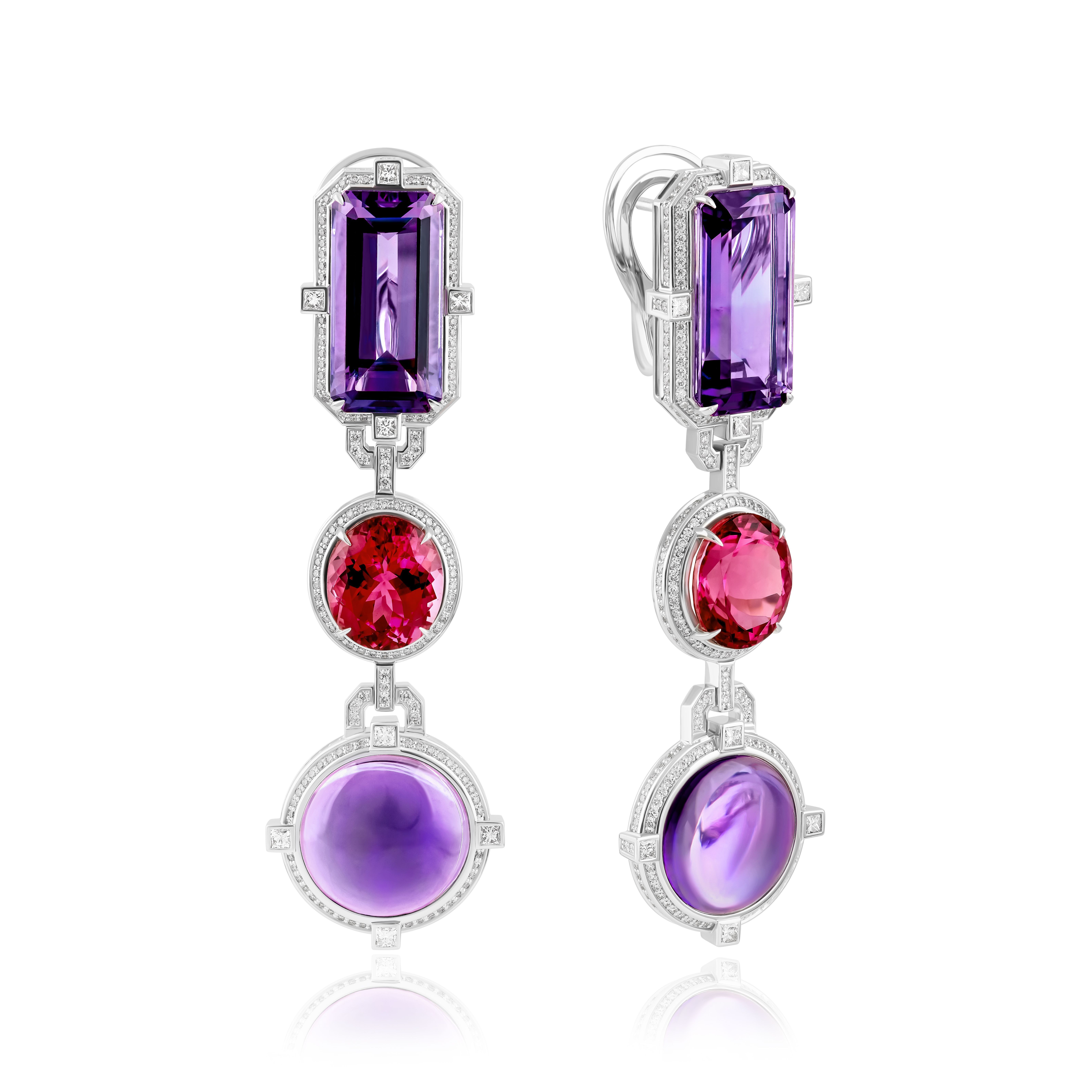 Серьги из белого золота с бриллиантами, турмалинами 12.53 ct и аметистами 41.45 ct
