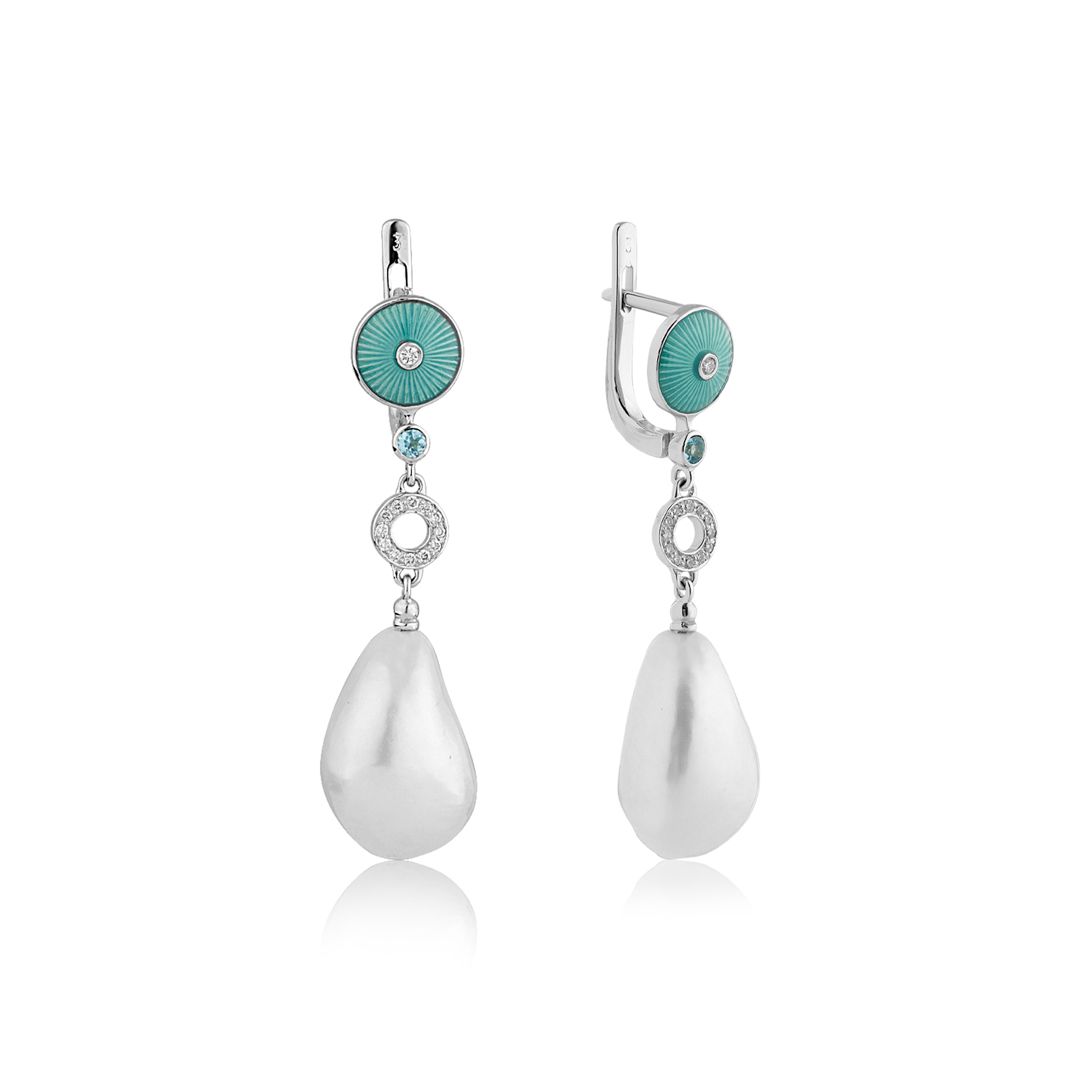 Серьги из белого золота с топазами, жемчугом и бриллиантами