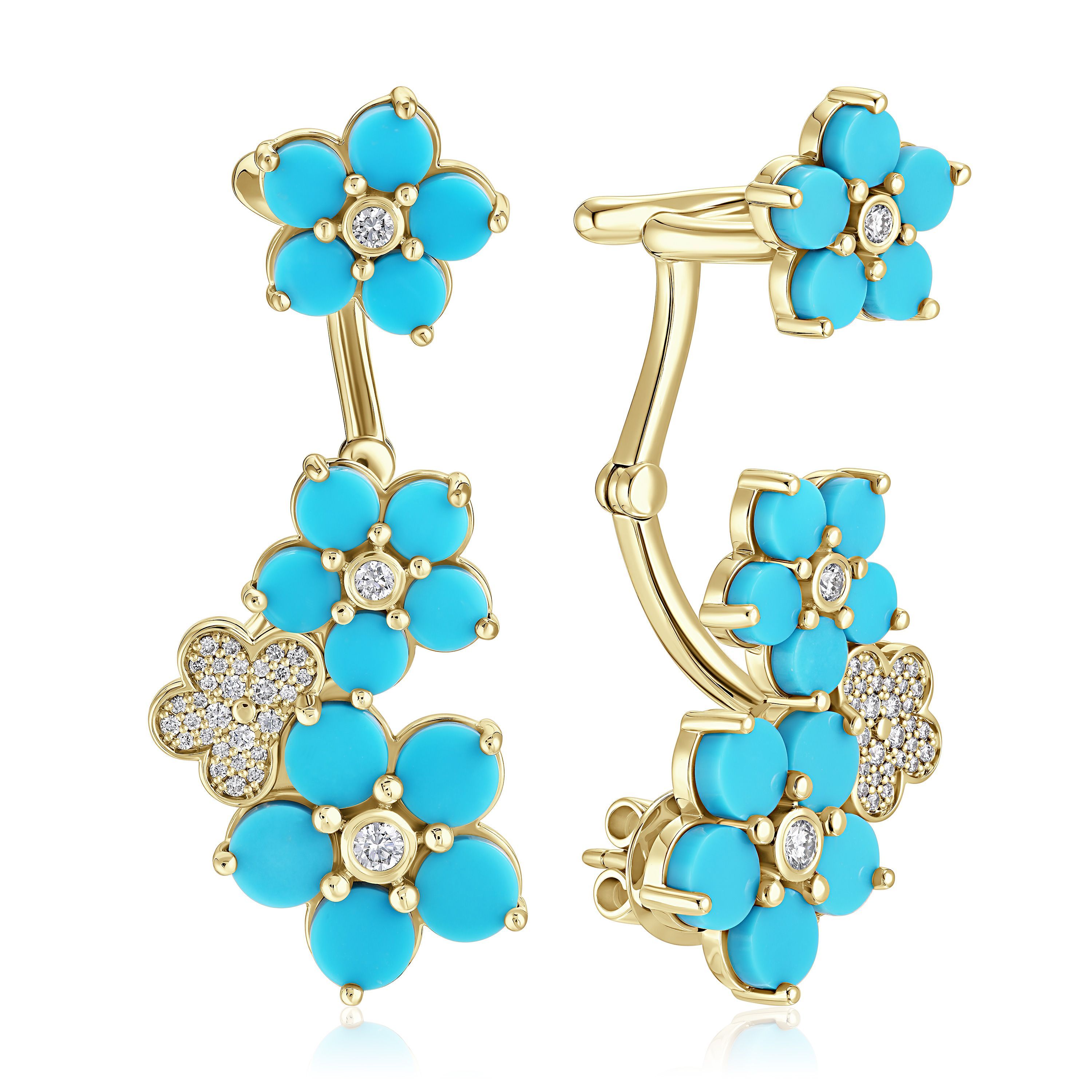Серьги каффы из желтого золота с бирюзой и бриллиантами