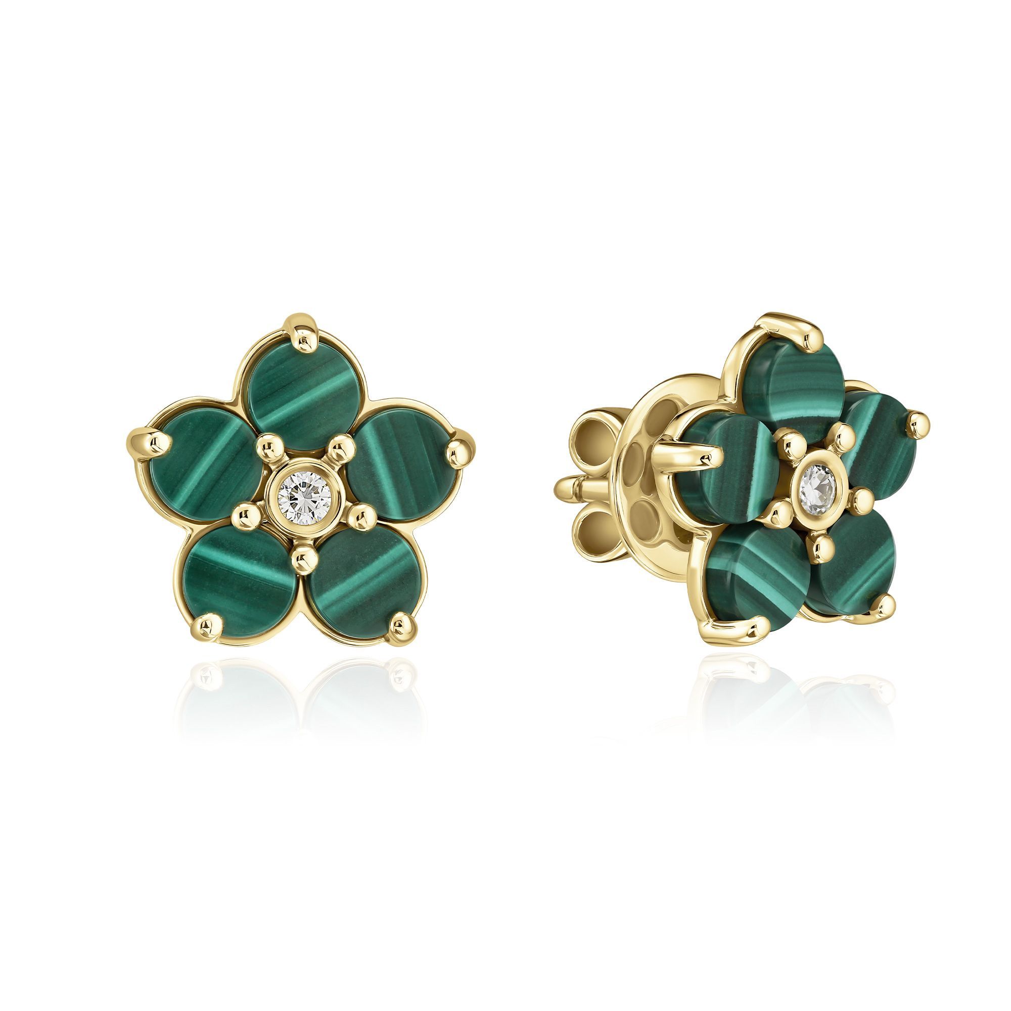 Пусеты из желтого золота с малахитом и бриллиантами