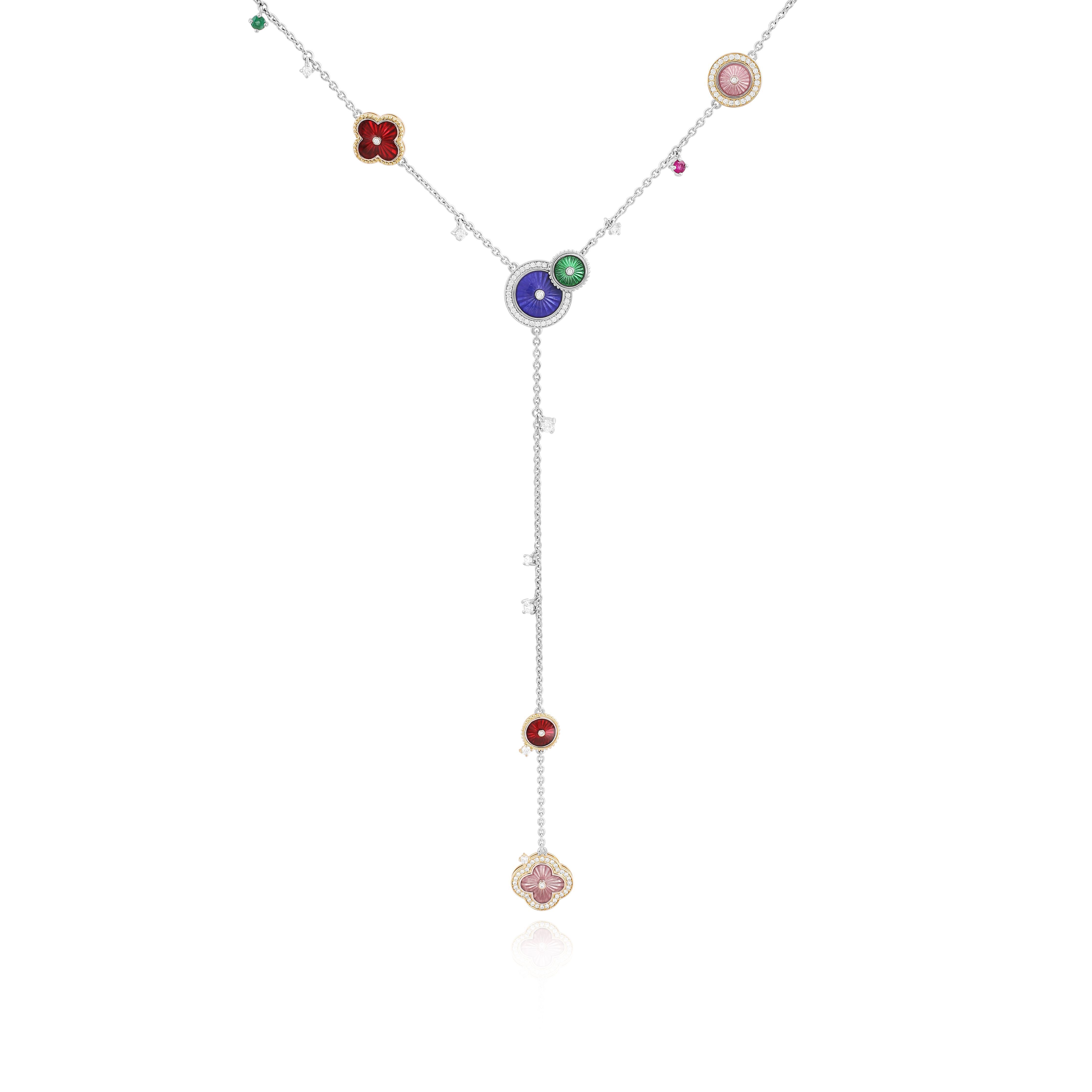 Колье из белого золота с рубином, бриллиантами и изумрудом