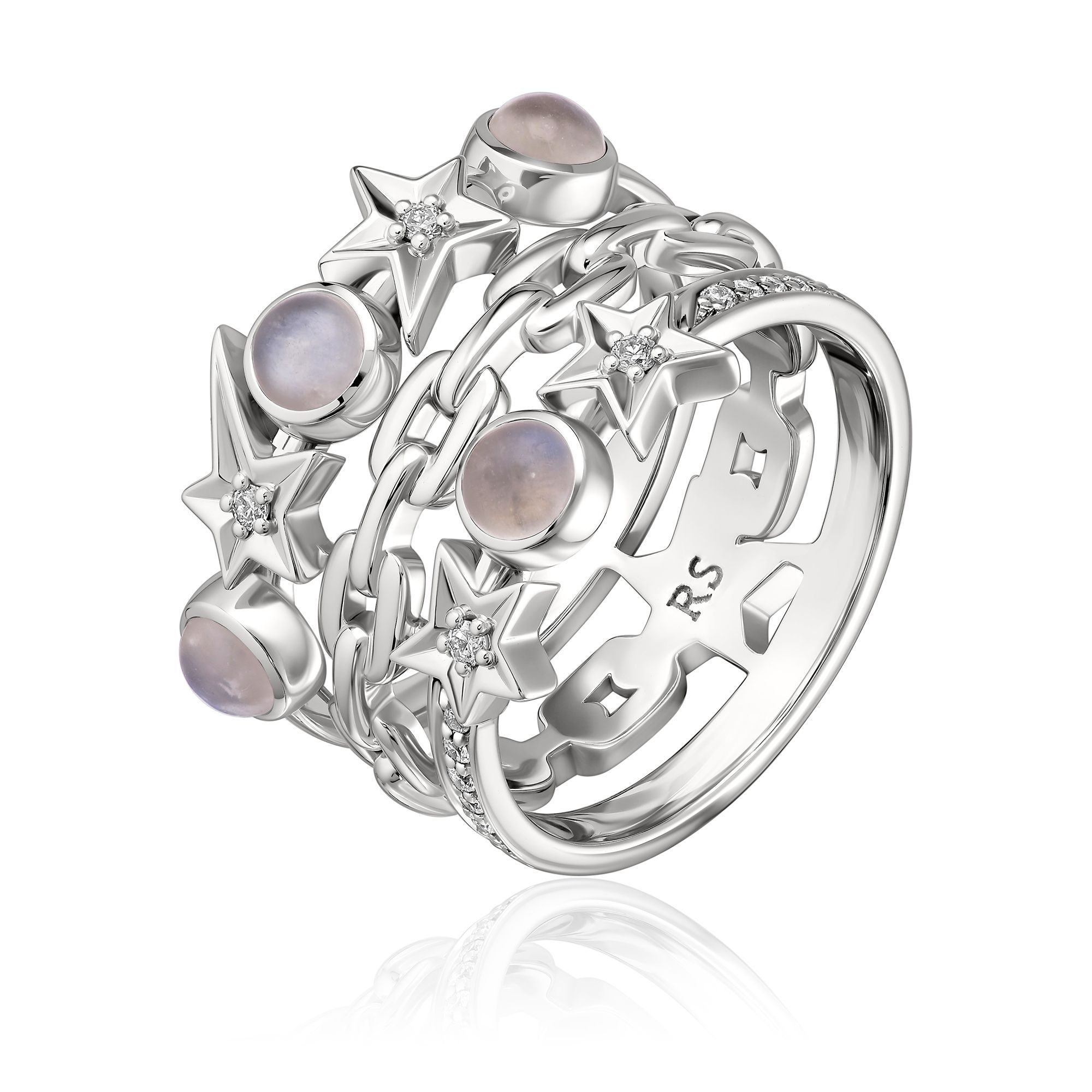 Кольцо из белого золота с лунным камнем и бриллиантами