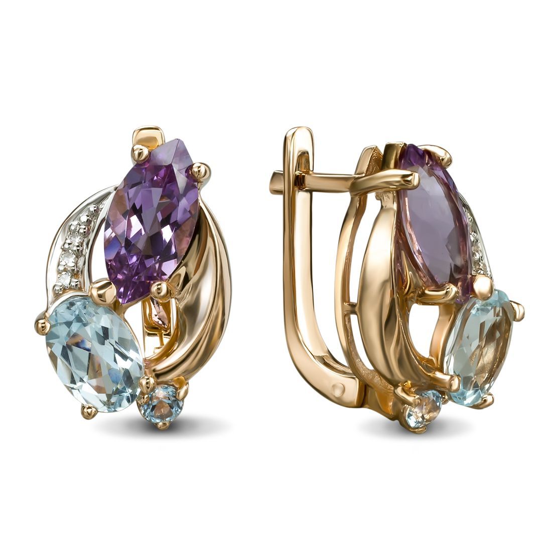 Серьги из красного золота с топазами, аметистами и бриллиантами