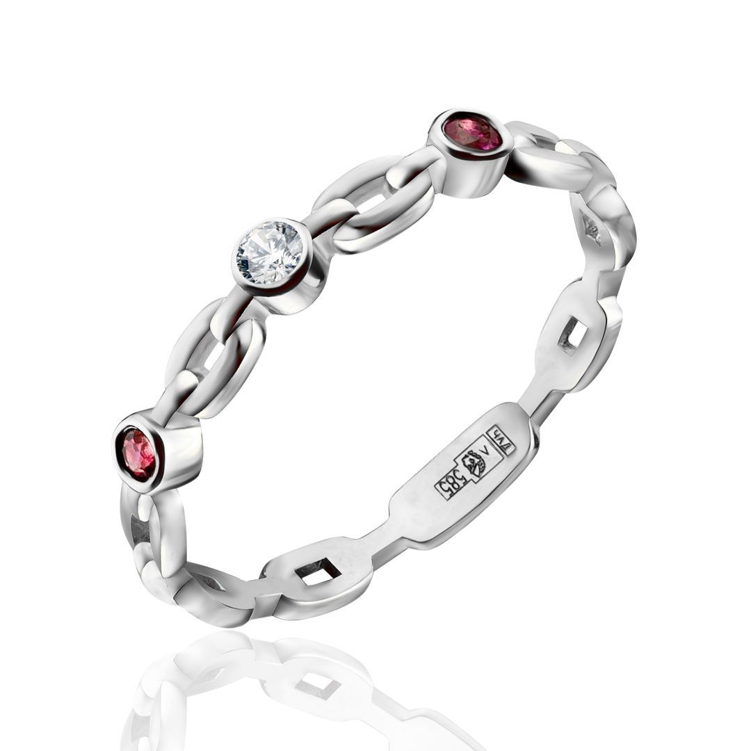 Кольцо из белого золота с рубинами и бриллиантами