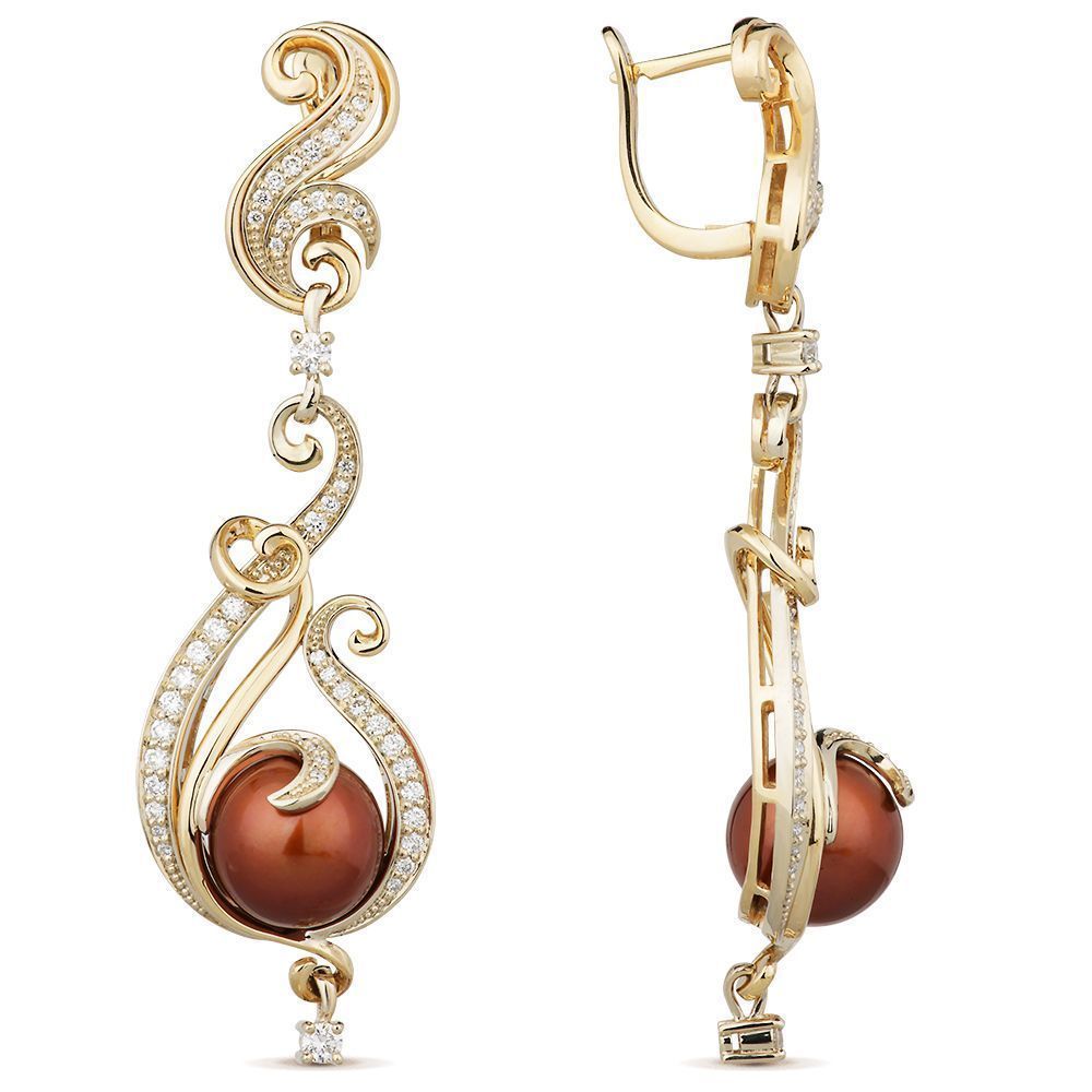 Серьги «Шоколад и мед» из желтого золота с бриллиантами и жемчугом