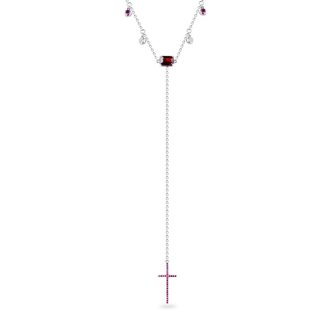 Колье из белого золота с гранатом, рубинами и бриллиантами