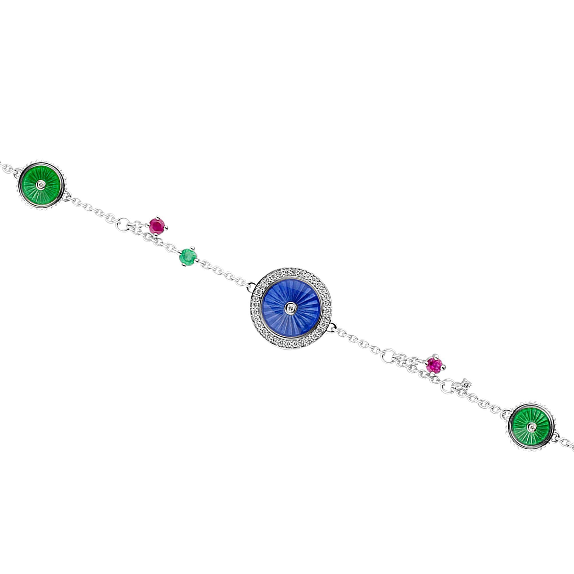 Браслет из белого золота с рубинами, изумрудом и бриллиантами