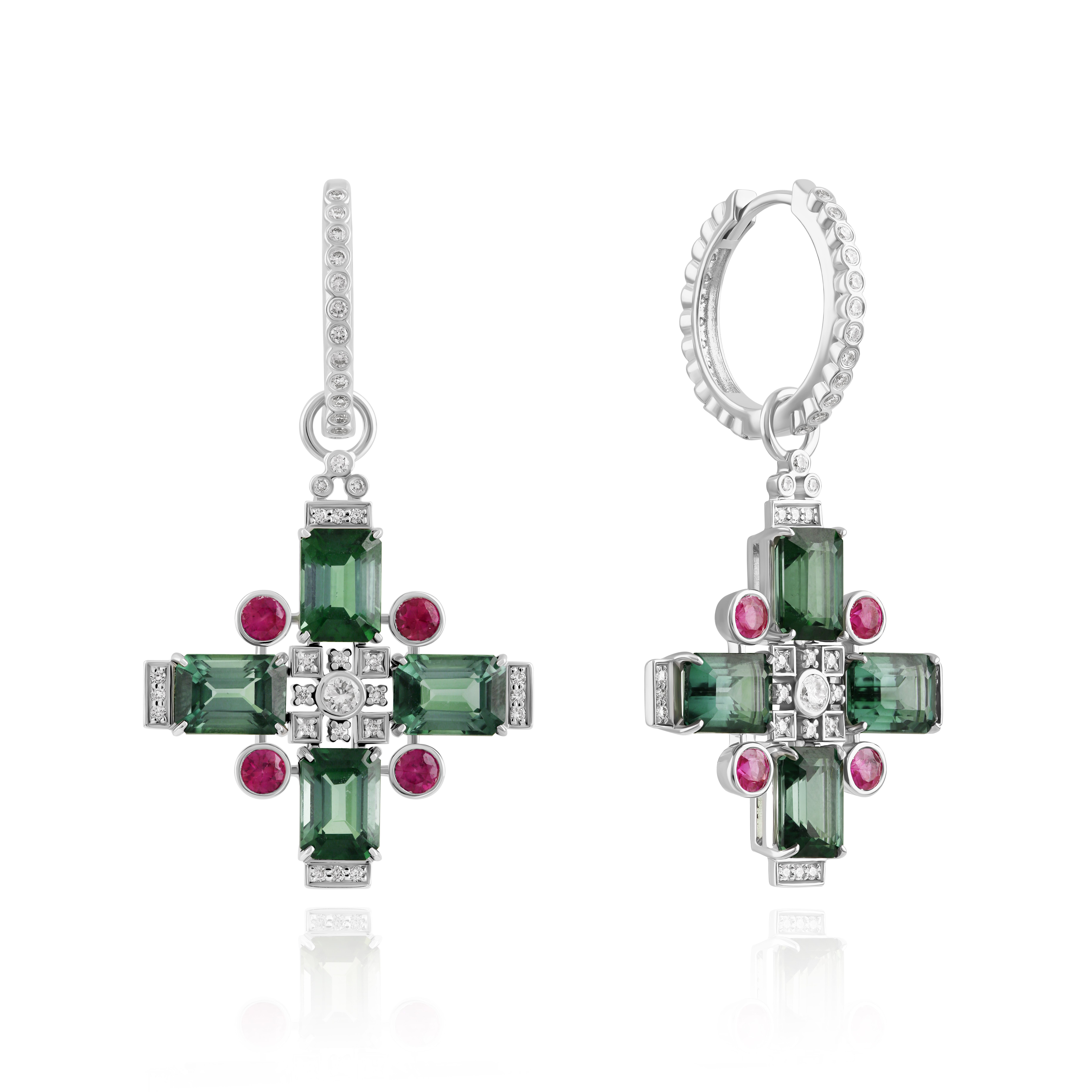 Серьги из белого золота с рубинами, бриллиантами и турмалинами 8.7 ct