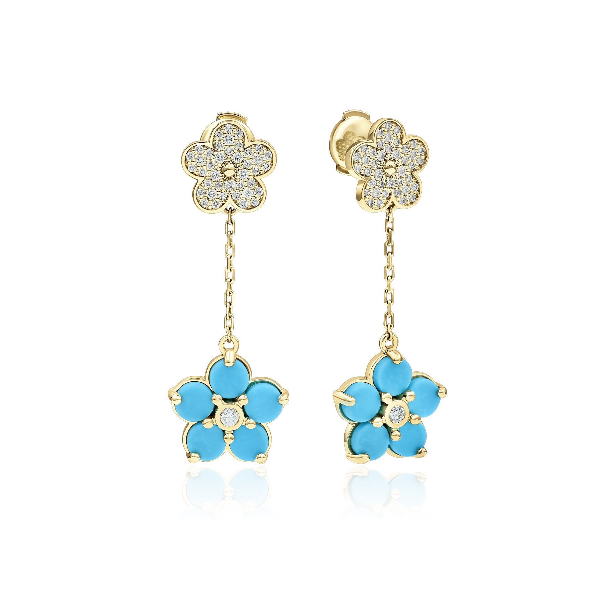 Пусеты из желтого золота с бирюзой и бриллиантами