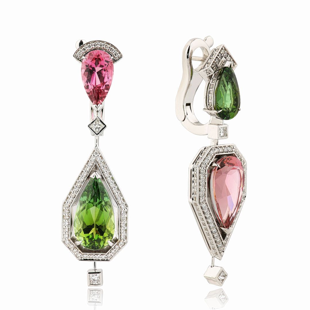 Серьги из белого золота с турмалинами 11.3 ct и бриллиантами