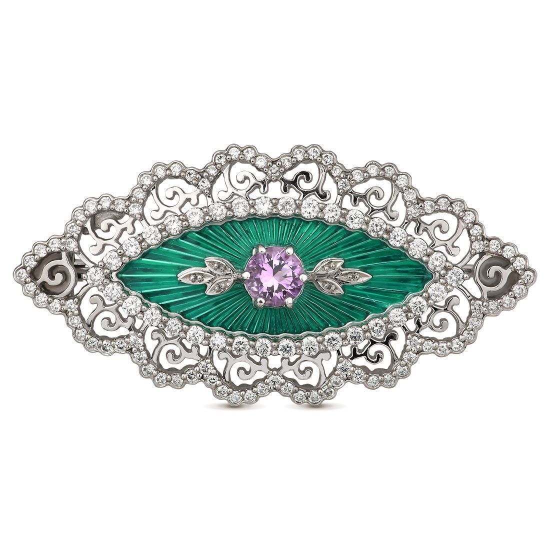 Брошь из белого золота с бриллиантами и аметистом