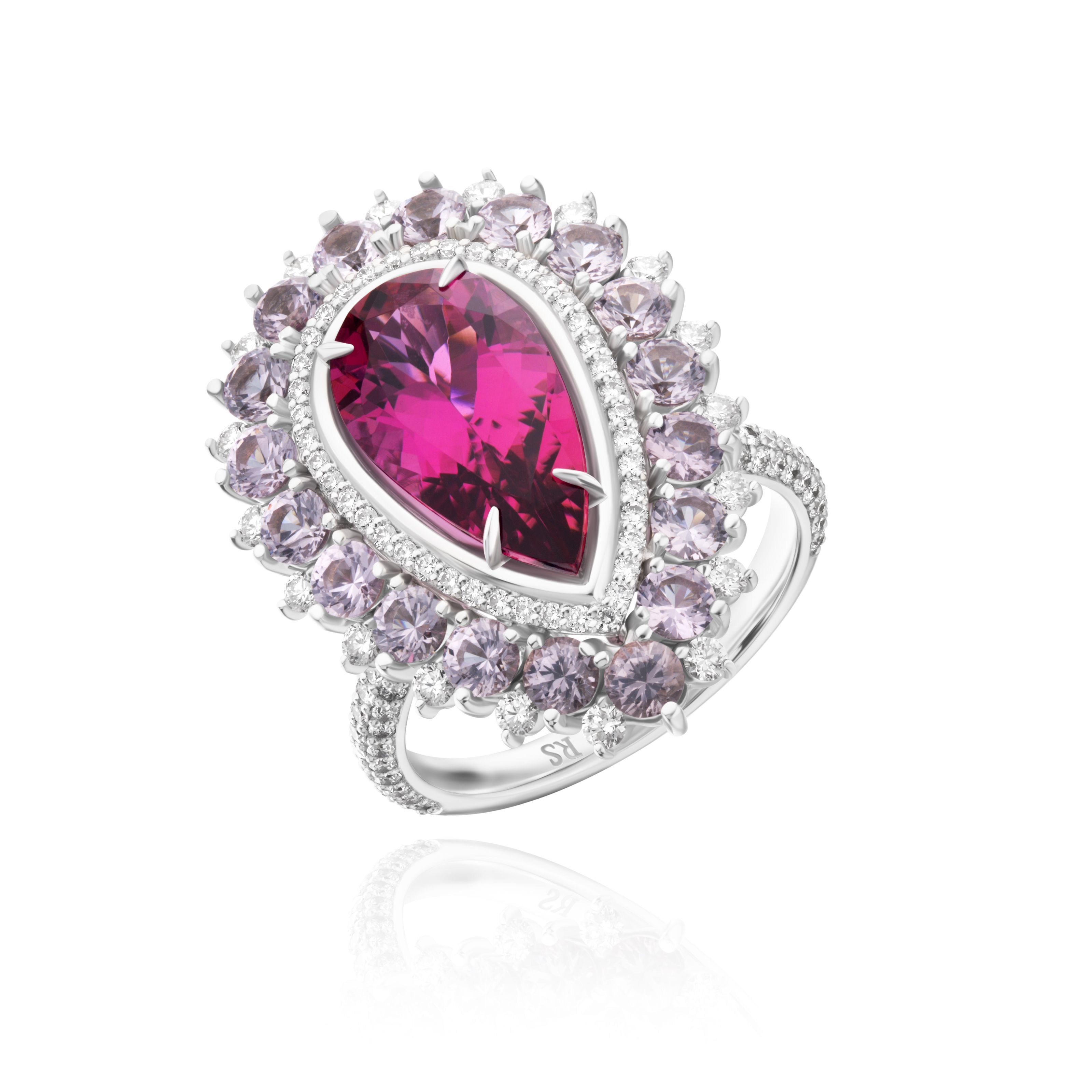 Кольцо из белого золота с турмалином, бриллиантами и шпинелью