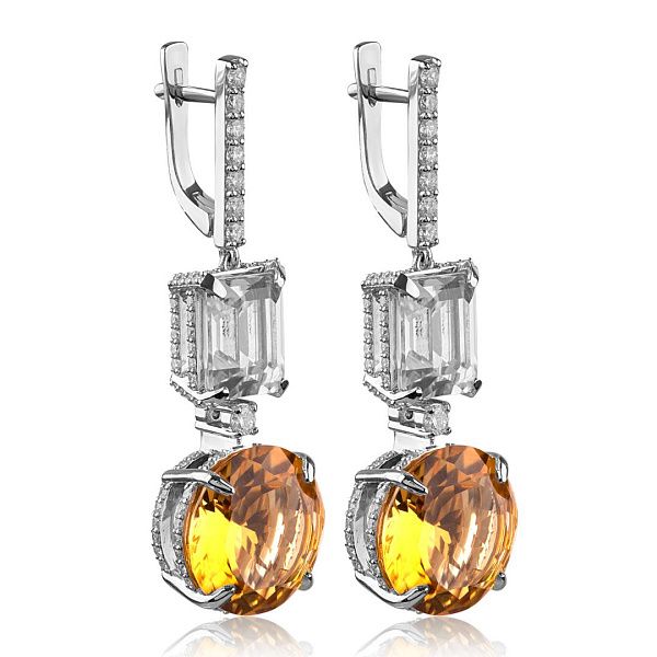 Серьги из белого золота с цитринами 2.69 ct, горным хрусталем 1.16 ct и бриллиантами