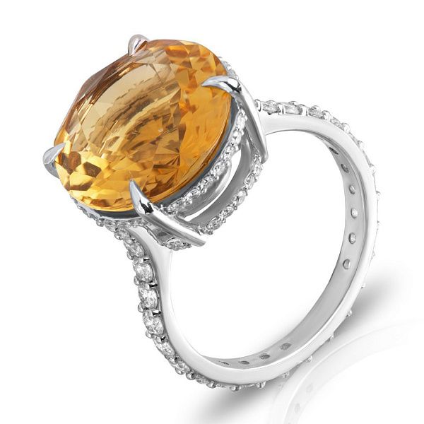 Кольцо из белого золота с цитрином 1.42 ct и бриллиантами