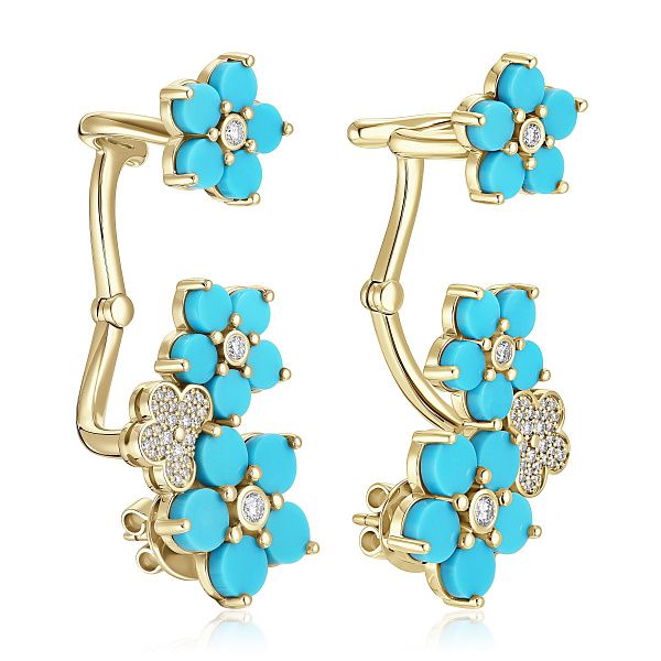 Серьги каффы из желтого золота с бирюзой и бриллиантами