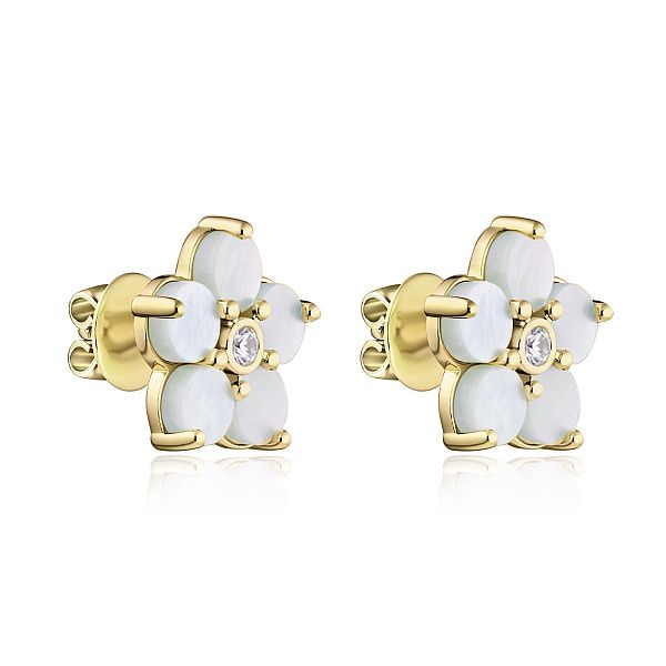 Пусеты из желтого золота с перламутром и бриллиантами