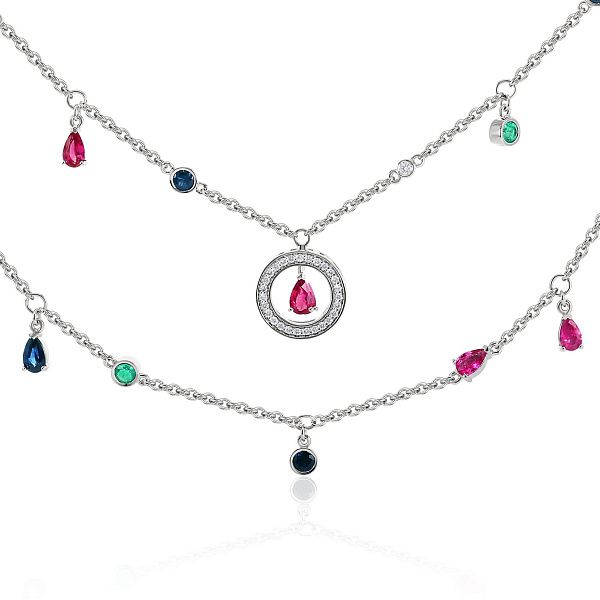 Колье из белого золота с рубинами, изумрудами, бриллиантами и сапфирами