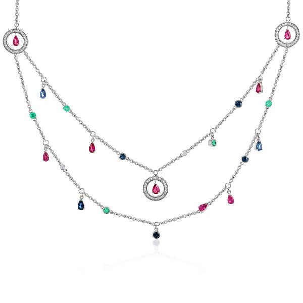 Колье из белого золота с рубинами, изумрудами, бриллиантами и сапфирами
