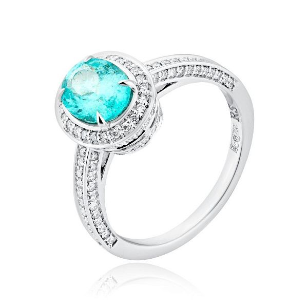 Кольцо из белого золота с турмалином параиба 1.49 ct и бриллиантами