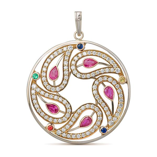 Подвеска из белого золота с бриллиантами, сапфиром, изумрудом и рубинами