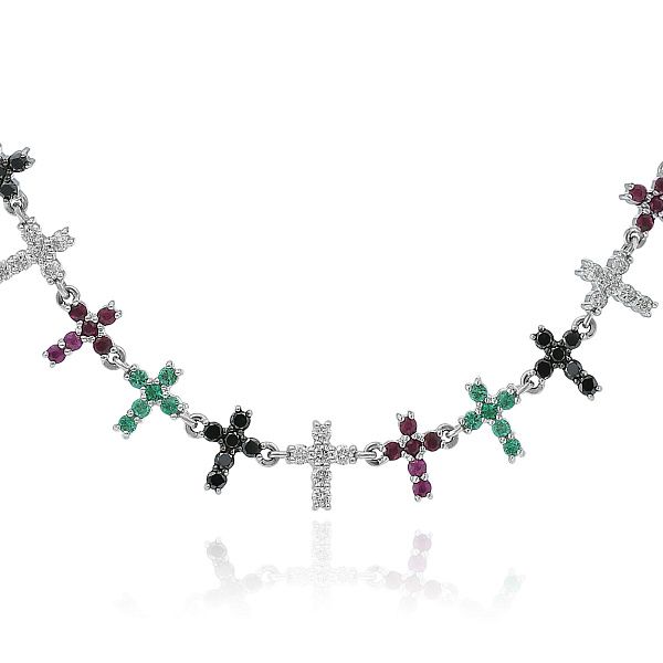 Колье из белого золота с изумрудами, бриллиантами и рубинами