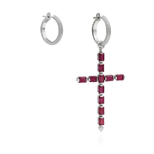 Серьги-кресты из белого золота с рубинами и бриллиантами