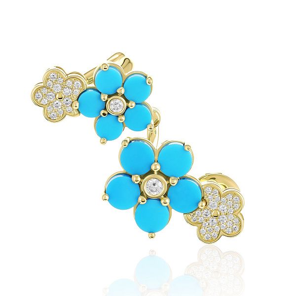 Серьга кафф из желтого золота с бирюзой и бриллиантами