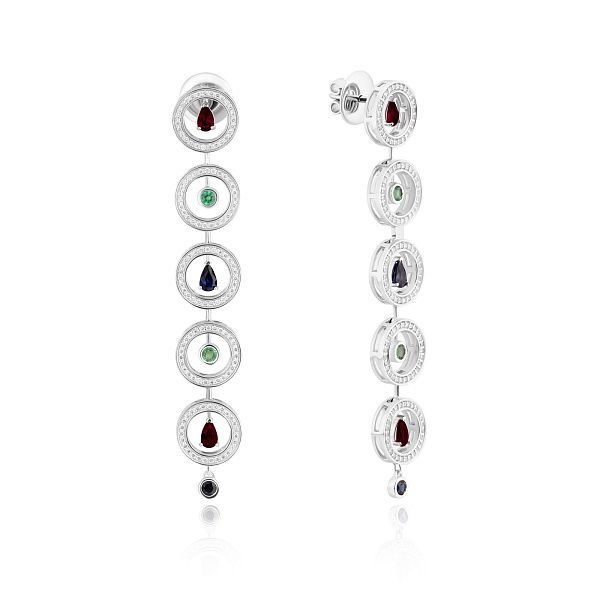 Пусеты из белого золота с изумрудами, сапфирами, рубинами и бриллиантами