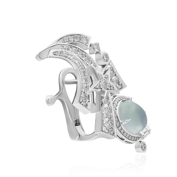 Серьга из белого золота с лунным камнем и бриллиантами