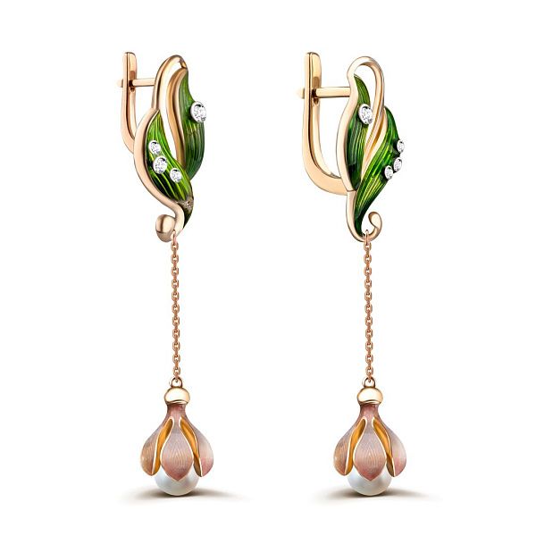 Серьги из желтого золота с бриллиантами и жемчугом