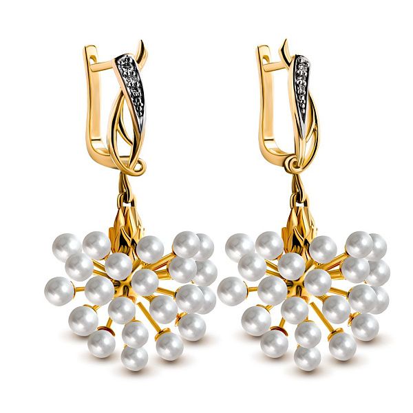 Серьги «Полевые цветы» из желтого золота с бриллиантами и жемчугом