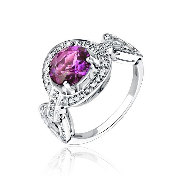 Кольцо из белого золота с бриллиантами и аметистом