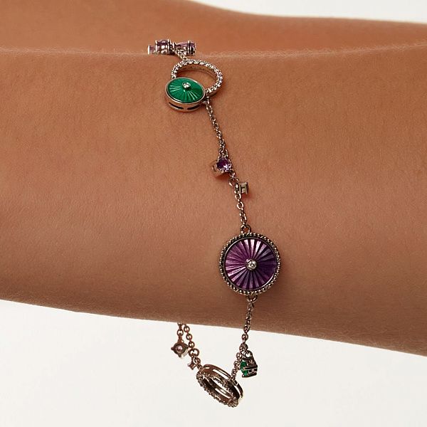 Браслет из белого золота с изумрудом, аметистами и бриллиантами
