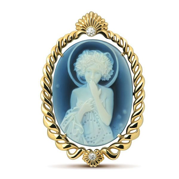 брошь- подвеска из желтого золота с бриллиантом и агатом