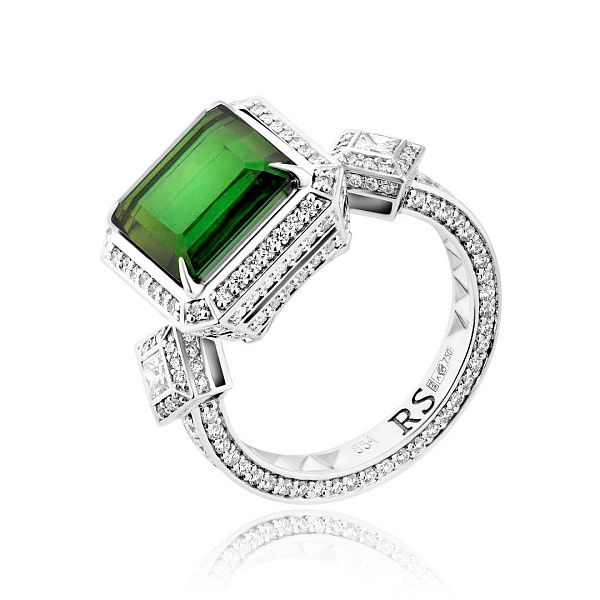 Кольцо из белого золота с турмалином и бриллиантами