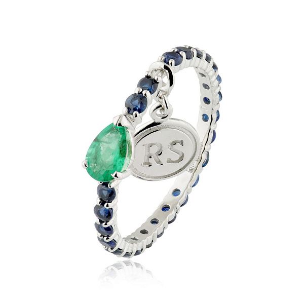 Кольцо из белого золота с изумрудом и сапфирами