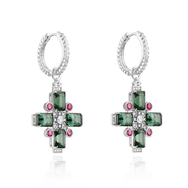 Серьги из белого золота с рубинами, бриллиантами и турмалинами 8.7 ct
