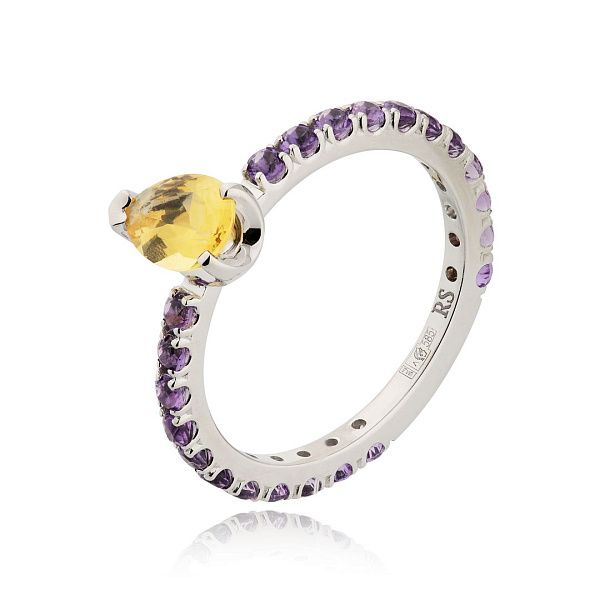 Кольцо из белого золота с цитрином и аметистами
