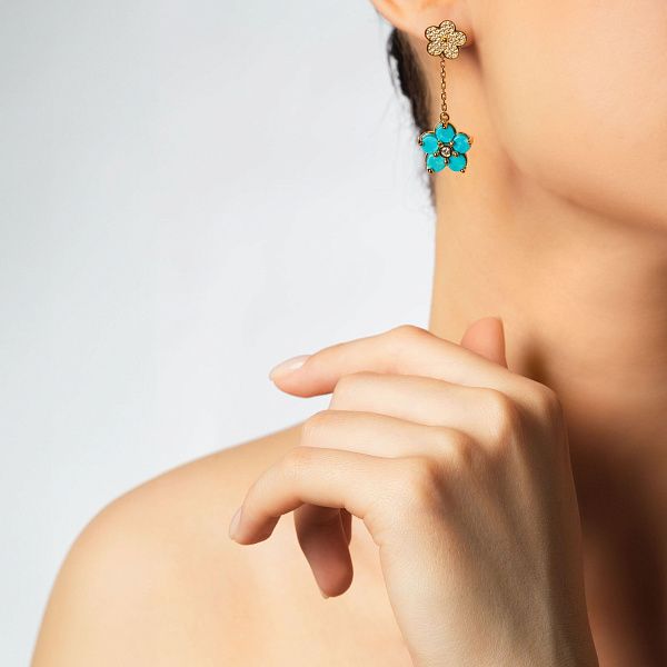 Пусеты из желтого золота с бирюзой и бриллиантами