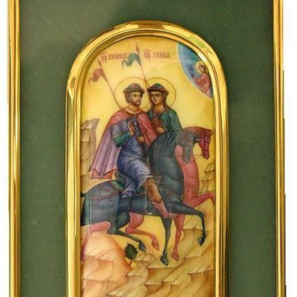 Икона «Борис и Глеб» из серебра с нефритом
