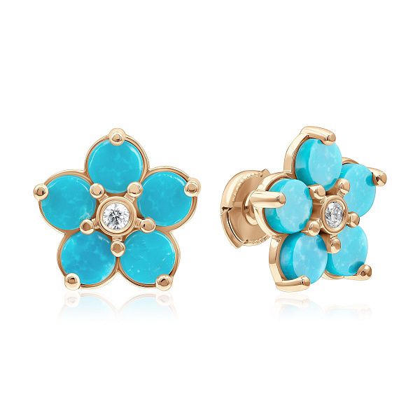 Пусеты из желтого золота с бирюзой и бриллиантами